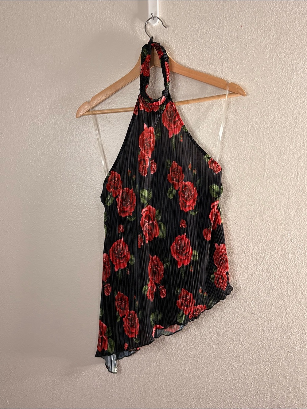Almost Famous Black Halter Top with Red Rose Print